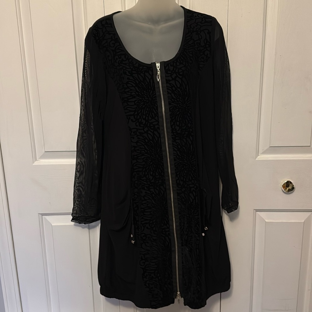 Simon Chang funky full zip sheer sleeves black Dress no size tag see pics b33